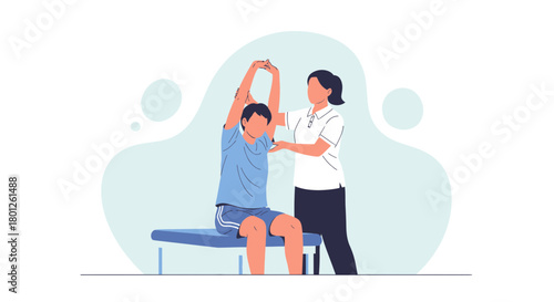Patient Undergoing Physical Therapy With Assistance For Exercise And Rehabilitation Treatment