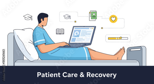 Patient Using Laptop For Healthcare Information and Recovery While Resting in Bed