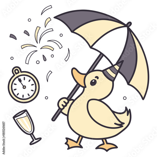 Whimsical Duck feeling Shy in a New Year's Eve/Day setting with under an umbrella – colored in New Beginnings