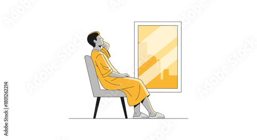 Person Contemplating Life While Relaxing On Chair, Gazing At Skyline Through Window