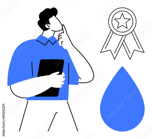 Man holding tablet thoughtfully, medal with star symbolizing excellence, water drop representing purity. Ideal for problem-solving, reflection, decision-making, innovation, creativity