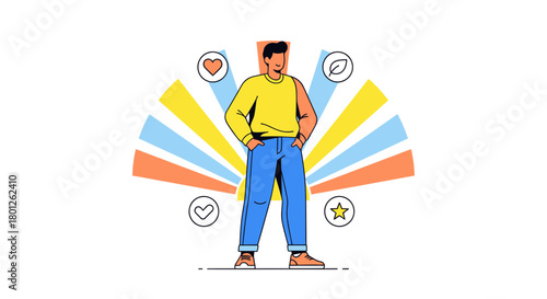 Positive Inspiration and Well-being Illustration of Man with Symbols and Gradient Rays