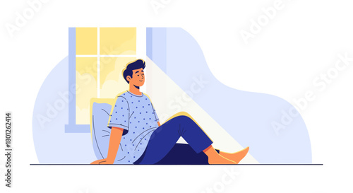 Relaxing Illustration Of A Man Indoors, Leaning And Calming By The Window Side View