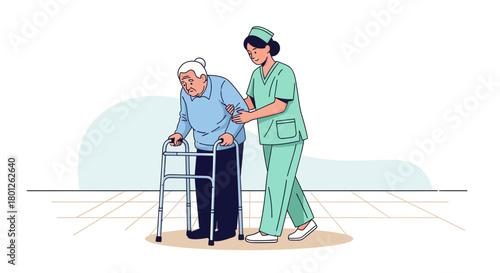 Supporting Mobility Assistance Elderly Care Providing Support With Walker And Medical Professional