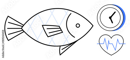 Fish with a clock and heart rate monitor symbolizing nutrition, time management, and wellness. Ideal for health, diet, fitness, time, biology healthcare and sustainability. Simple flat metaphor