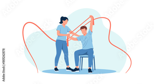 Therapist Assisting Patient With Exercise Using Rubber Band And Physical Therapy Session