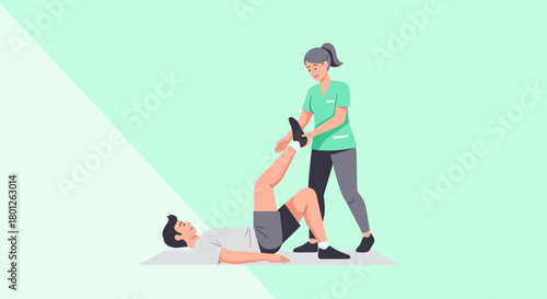 Therapist Assisting Patient With Leg Exercise For Physical Therapy Rehabilitation