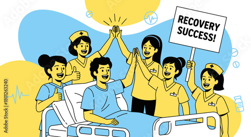 Triumphant Team Celebrating Patient Recovery with Hospital Staff and Signage