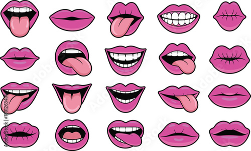 Collection of cartoon lips and mouth expressions with tongues, smiles, kisses, playful red lip icons, fun emotive illustration set