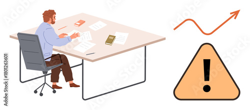 Man reviewing papers at desk with books, upward graph trend, and caution icon. Ideal for risk management, analysis, decision-making, progress, strategy business planning. Simple flat metaphor