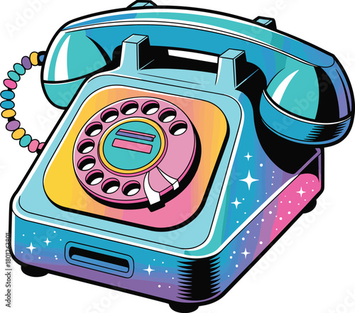 Colorful retro rotary telephone illustration with gradient neon design, vintage communication device, nostalgic classic phone artwork for creative projects