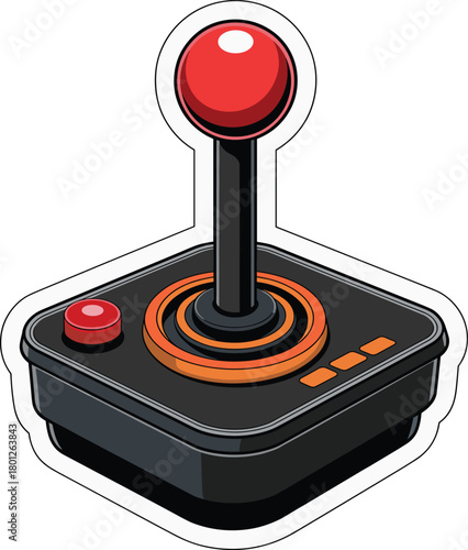 Retro vintage joystick cartoon illustration, classic gaming controller with red button, old-school arcade device, nostalgic video game artwork design