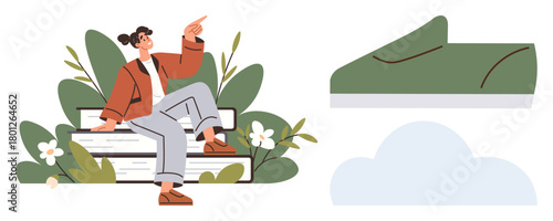 Woman in casual outfit sits on a bench surrounded by plants, pointing upward with confidence. Nearby, a green shoe and cloud suggest movement and creativity. Ideal for growth, leisure, outdoors