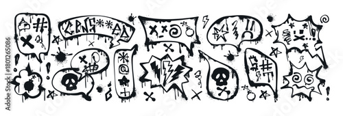 Graffiti tags and symbols in black and white illustration