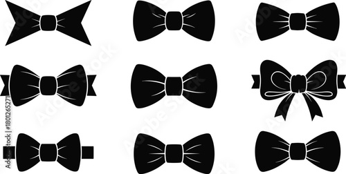Black bow tie icons, fashion accessory vector, formal wear symbols, elegant neckwear illustrations, stylish tuxedo elements, isolated clipart set