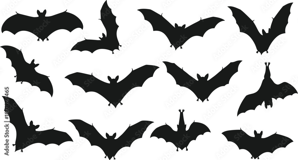Naklejka premium Black bat silhouettes collection, flying bats, hanging bats, Halloween theme, gothic design, nocturnal animals, spooky illustration, eerie shapes