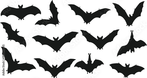 Black bat silhouettes collection, flying bats, hanging bats, Halloween theme, gothic design, nocturnal animals, spooky illustration, eerie shapes
