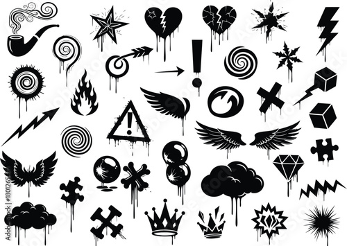 Collection of black tattoo symbols and icons on white background