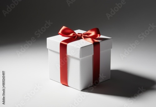 Pristine white gift box with elegant red satin ribbon bow on gray background