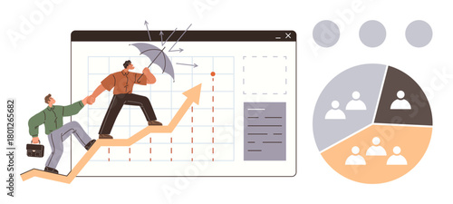 Professionals climbing upward arrow symbolizing growth, one holding umbrella shielding from risk growth chart and pie chart emphasize analysis. Ideal for teamwork, strategy, growth, risk management