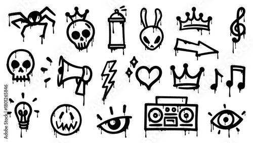 Collection of black and white doodle icons and symbols