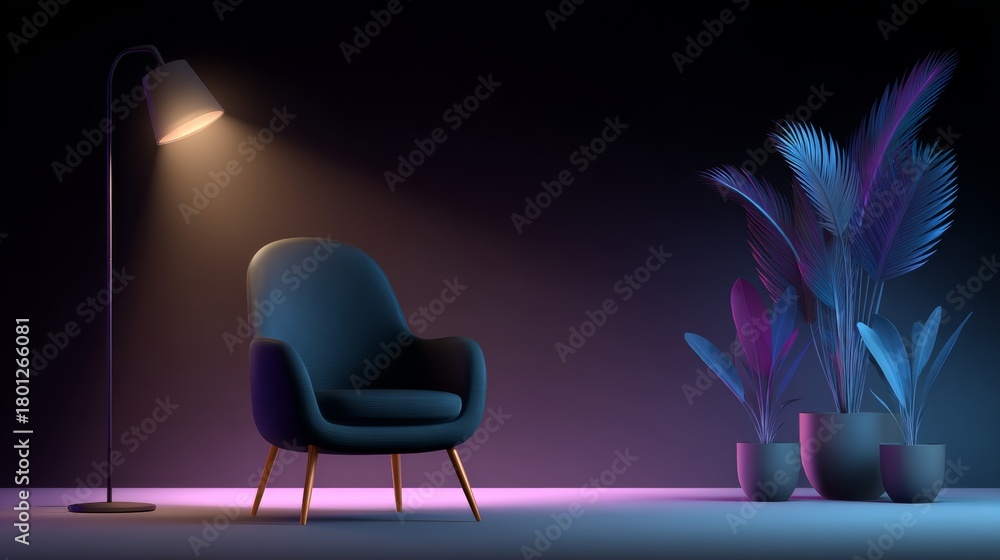 Fototapeta premium A blue chair is sitting in front of a lamp. The room is dimly lit, creating a cozy atmosphere. There are several potted plants in the room, adding a touch of greenery and life to the space