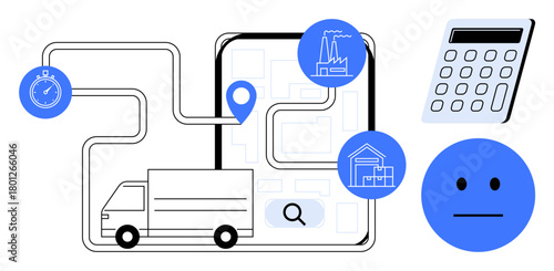 Delivery truck follows mapped route, connecting factory, warehouse, and destination. Includes stopwatch, map pin, calculator, and face icon. Ideal for logistics supply chain delivery efficiency