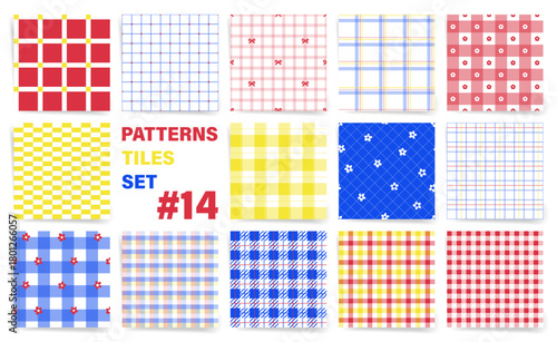 Set of Colorful Seamless Check Patterns. Geometric Gingham Tiles with Modern Asian Decorative Motifs for Textile, Retro Poster and Celebration Design.
