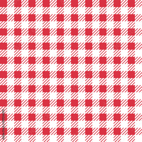 Diagonal plaid seamless pattern. Modern geometric white red check background with bold angled stripes for textile and decorative layout. Vector seamless tartan pattern tile