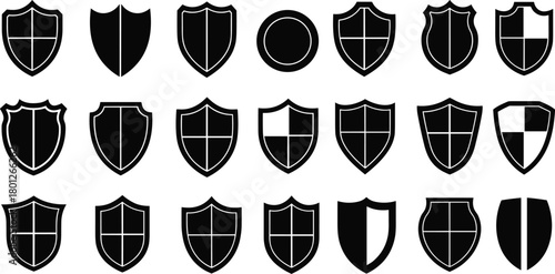 Black shield icons, security symbols, vector emblems, protection badges, defense graphics, UI elements, heraldic shapes, digital assets