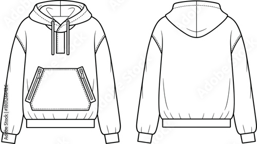 Unisex hoodie sweatshirt flat fashion sketch front and back view with kangaroo pocket and drawstring hood, CAD drawing vector illustration