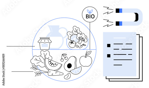 Fresh fruits, vegetables, jar, and bio tag paired with magnet and document icons. Ideal for sustainability, healthy eating, eco-conscious living, food labeling, bio-products magnetism simple flat
