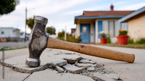 A hammer is laying on a cracked sidewalk. The hammer is old and rusty, and it is laying on a pile of broken concrete. The scene is somewhat eerie and unsettling
