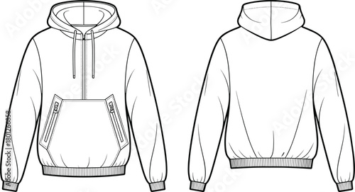 Unisex pullover hoodie technical fashion flat sketch with drawstring hood and zipper pocket details, modern apparel CAD drawing vector illustration