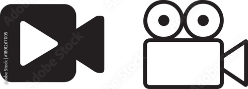 Black play button video camera icon and vintage film camera outline play button icon