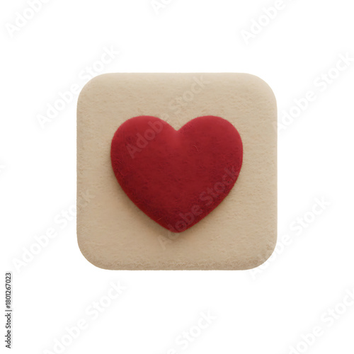 3D Red Heart Icon on Soft Textured Square Button