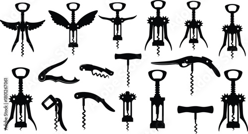 Corkscrew collection, vintage wine opener, kitchen tool set, metal corkscrews, bottle opener designs, bar accessories, isolated silhouettes