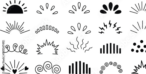 Collection of decorative sunburst and floral elements for design and illustration projects