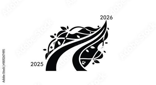 A winding path adorned with leaves and branches, leading towards the future year 2026.