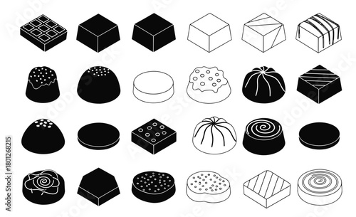 Collection of hand drawn sketch illustrations of various artisanal chocolate candies and bonbons in a grid layout
