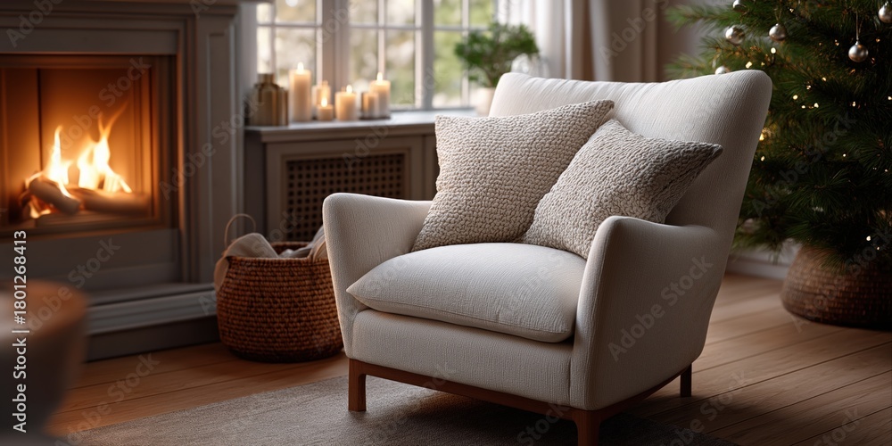 Fototapeta premium Cozy living room with armchair by fireplace and christmas tree