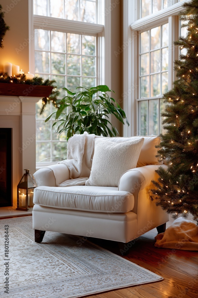 Naklejka premium Cozy armchair by fireplace with festive christmas decorations in sunlit living room