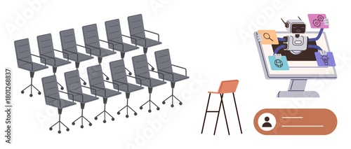 Robot managing tasks on computer screen, surrounded by icons for multitasking. Large set of empty office chairs and a single barstool. Ideal for automation, productivity, artificial intelligence