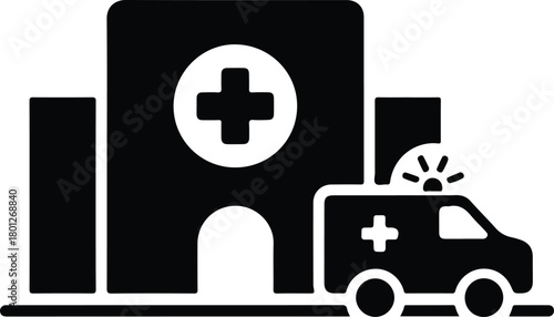 Vector hospital building with ambulance, symbolizing healthcare services and emergency response