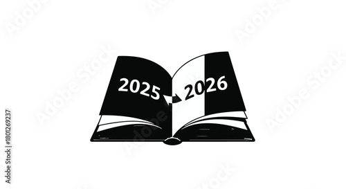 Open book displaying transition from year 2025 to 2026, symbolizing future planning and new beginnings.
