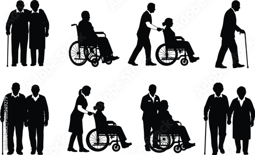 Elderly care, senior support, wheelchair assistance, aging couple, caregiver compassion, mobility aid, retirement life, companionship, healthcare, aging dignityElderly care, senior support 