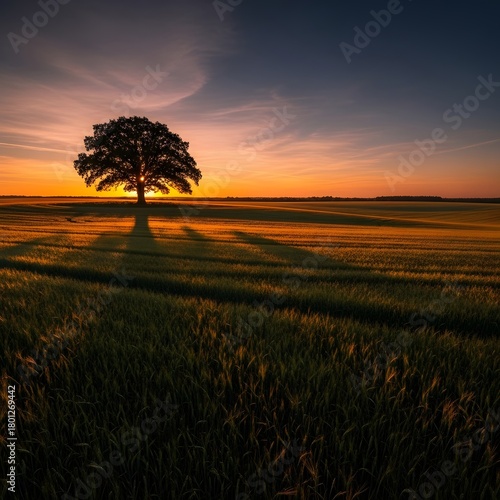 A solitary tree stands in the middle of a vast field during sunset, casting long shadows across the lush green grass under a colorful sky