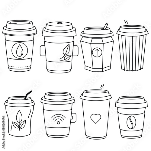 Black and white line art drawing showing disposable drink cups in various designs with different symbols. This icon set includes cups for coffee, tea, or hot beverages.