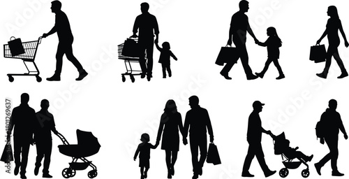 Family shopping silhouettes, parents with children, retail activity, stroller walk, consumer lifestyle, urban errands, black icons, isolated vector