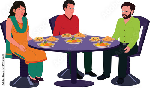 Indian Office people eating at lunch on table illustration animation ready